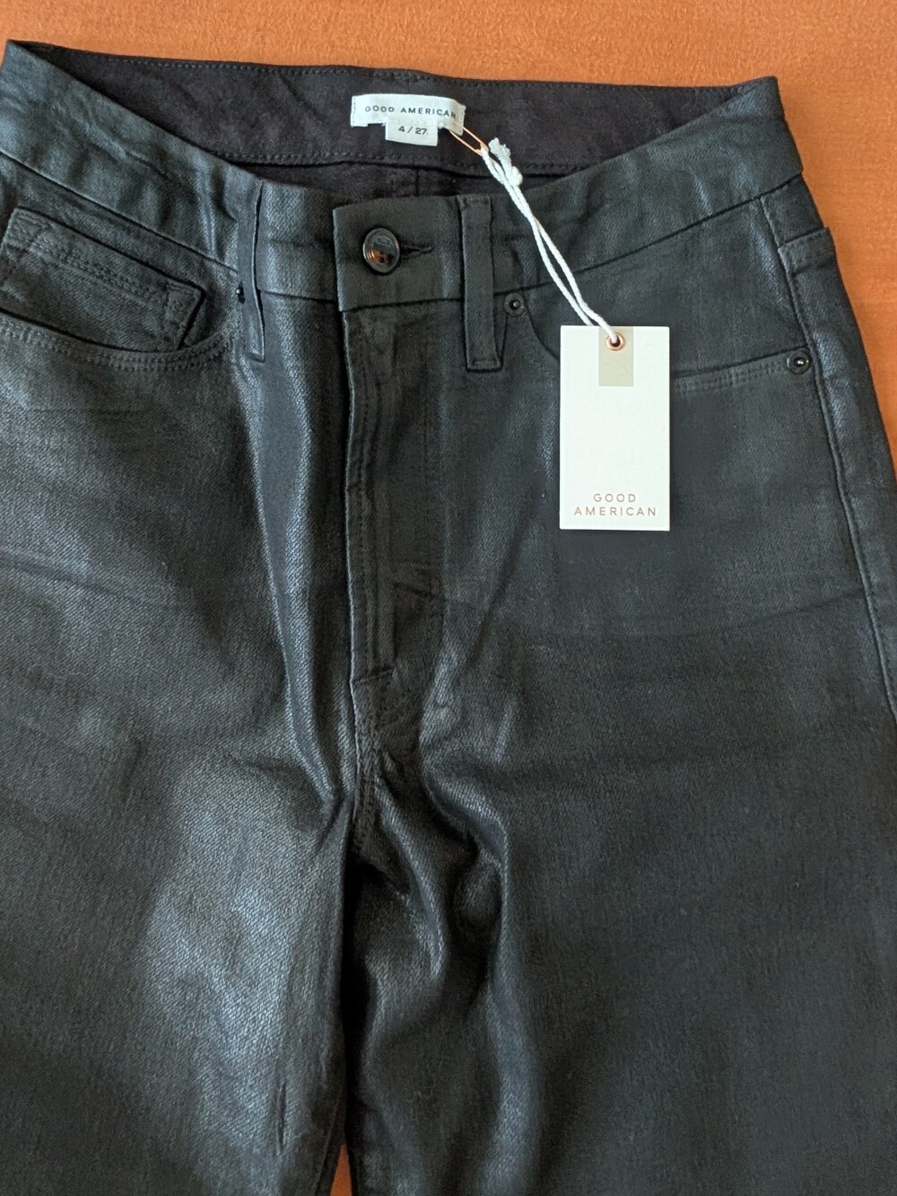 Good American Classic Slim Straight Waxed Coated Black Jeans
